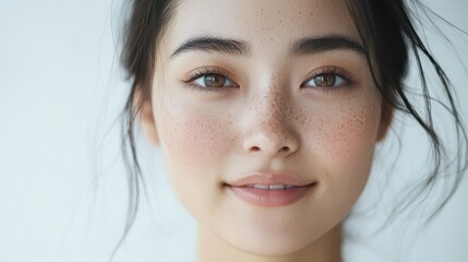 Fototapeta premium Asian woman with round glasses, playful smile, neutral makeup, white background, casual and youthful feel