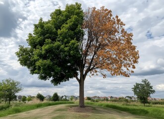 Obraz premium half-green-half-dry-tree-symbolizing-contrast-between-life-and-decay