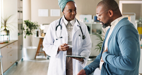 Tablet, patient and consultation with doctor for stomach, pain or diarrhea. African people,...