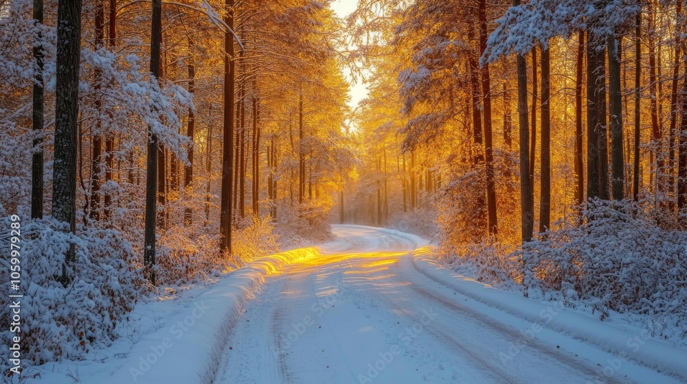 Leinwandbilder the tranquil forest path is covered in a blanket of snow, with tall trees surrounding it. the settin