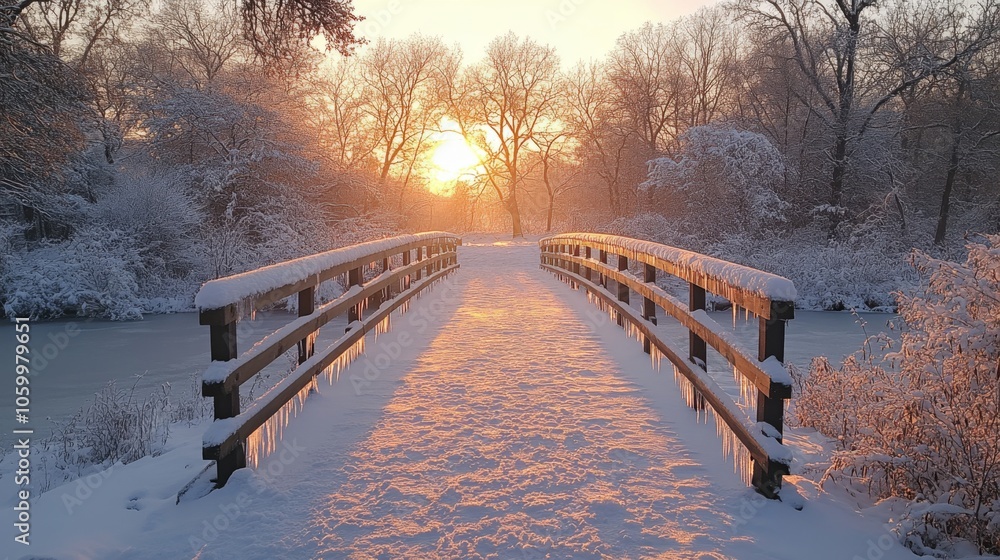 Aufkleber the sun sets behind trees, casting a golden glow on a snow-covered bridge leading through a quiet pa