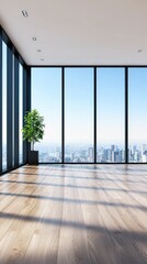 Obraz premium Modern Spacious Interior with Panoramic City Views and Natural Light Enhancements