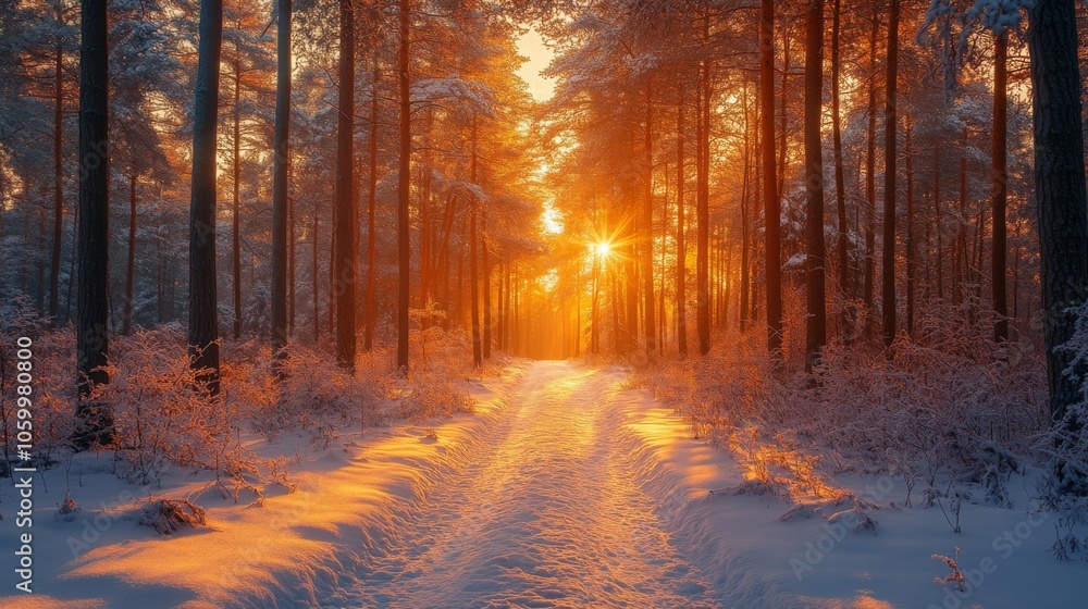 Poster a tranquil winter landscape features a winding path blanketed in fresh snow, surrounded by tall tree