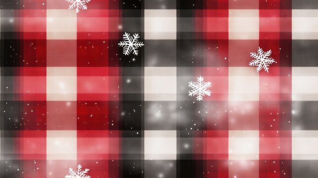 A cozy plaid pattern featuring red, black, and white colors with delicate snowflakes, perfect for winter-themed designs.