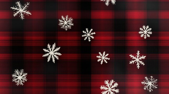 A cozy winter background featuring red plaid with white snowflakes for festive designs and holiday themes.