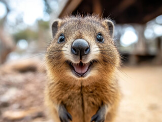 A close-up of a quokka smiling, one of Australia's cutest native animals, found on Rottnest Island.