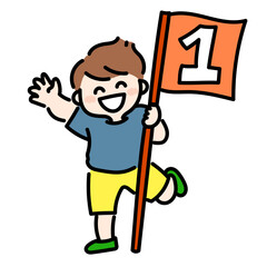 1位の順位フラッグを持って笑顔で手を振っている子供
