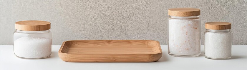 Fototapeta premium A stylish arrangement of glass jars with wooden lids on a clean surface, accompanied by a bamboo tray, perfect for showcasing ingredients or spices.