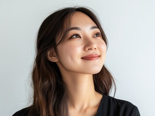 Fototapeta premium Asian girl smiling warmly, bright eyes, pure white background, cute and approachable, natural expression, professional lighting, portrait style