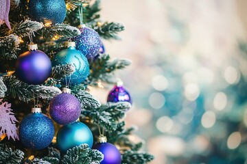 Close-up of Christmas tree with blue and purple baubles