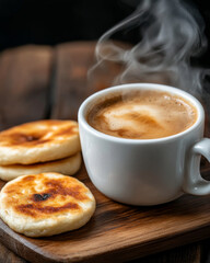 A close-up of a steaming cup of Colombian coffee served with arepas, showcasing local food and drink culture.