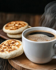 A close-up of a steaming cup of Colombian coffee served with arepas, showcasing local food and drink culture.