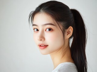 Pretty Asian girl with ponytail, bright eyes, soft smile, minimal makeup, white background, clean and fresh