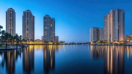 Obraz premium A panoramic view of a city skyline with tall buildings reflected in the water at dusk.
