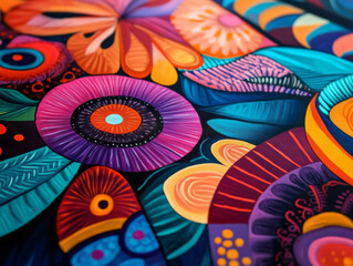 Naklejka premium A close-up of a traditional Aboriginal painting, featuring vibrant colors and intricate patterns on canvas.