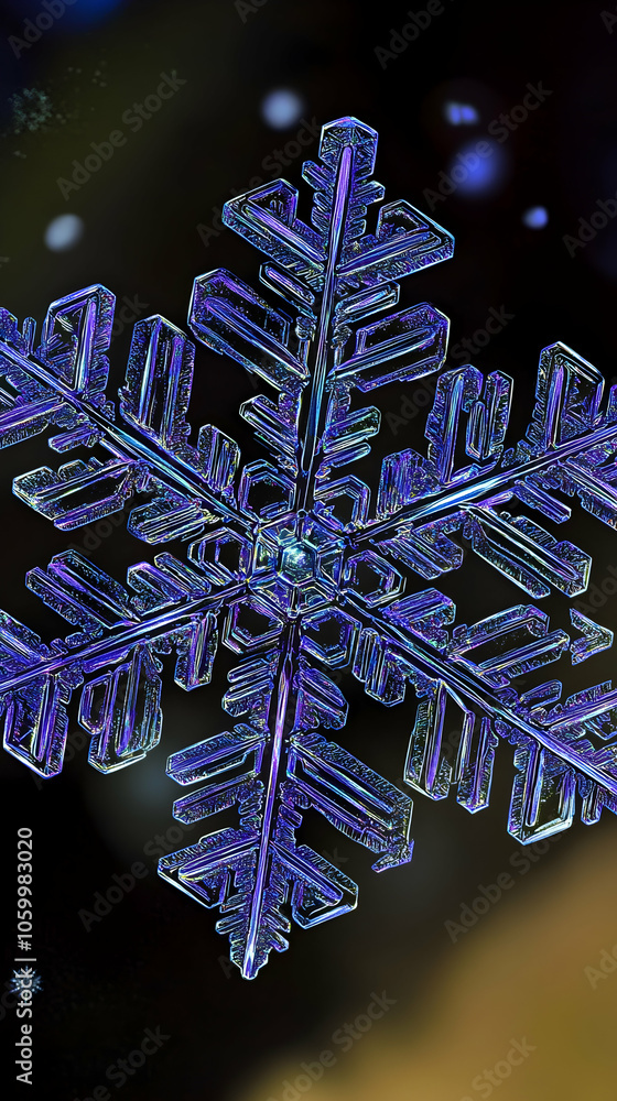 Poster a single, intricate snowflake with six points and a dark background.