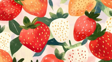 A painting of strawberries with green leaves
