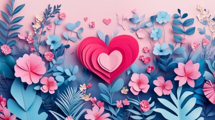 A heart made of paper flowers is surrounded by a field of flowers