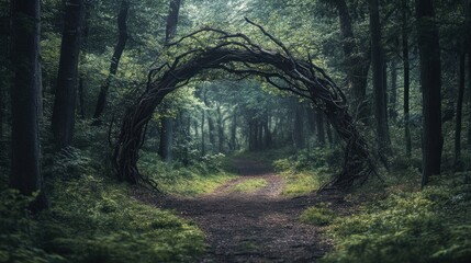 Fototapeta premium Natural archway formed by intertwining branches in forest, magical enchanting touch to scene. Forest branch archway. Nature