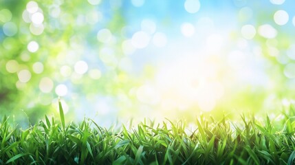 Fototapeta premium Abstract green grass and blue sky with bokeh effects, spirit of environmental consciousness. Nature awareness.