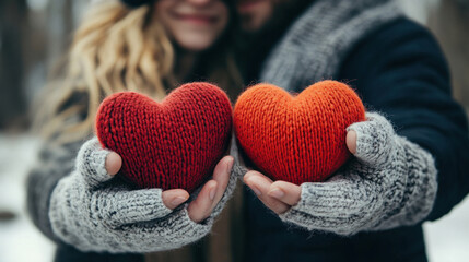 Fototapeta premium Couple holding heart-shaped objects symbolizing love.