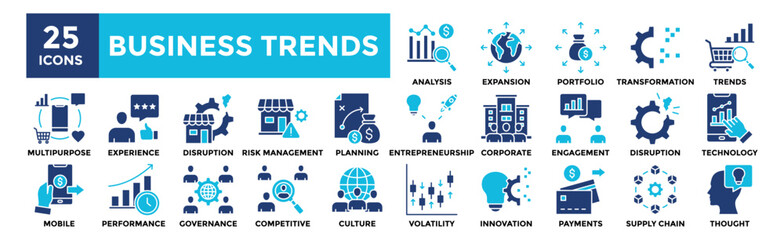 Business Trends icon collection set. Containing design business, financial, finance, trend, strategy, target	