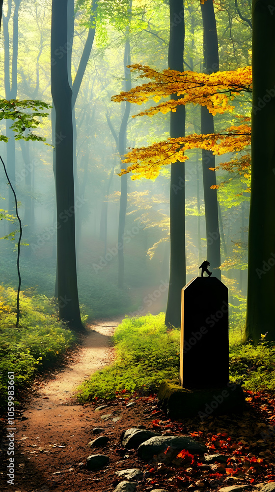 Poster a winding path through a misty forest with a stone marker at the edge.