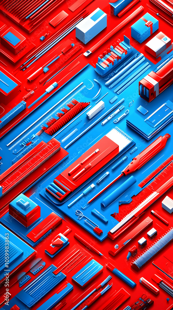 Poster abstract geometric pattern with red and blue shapes.