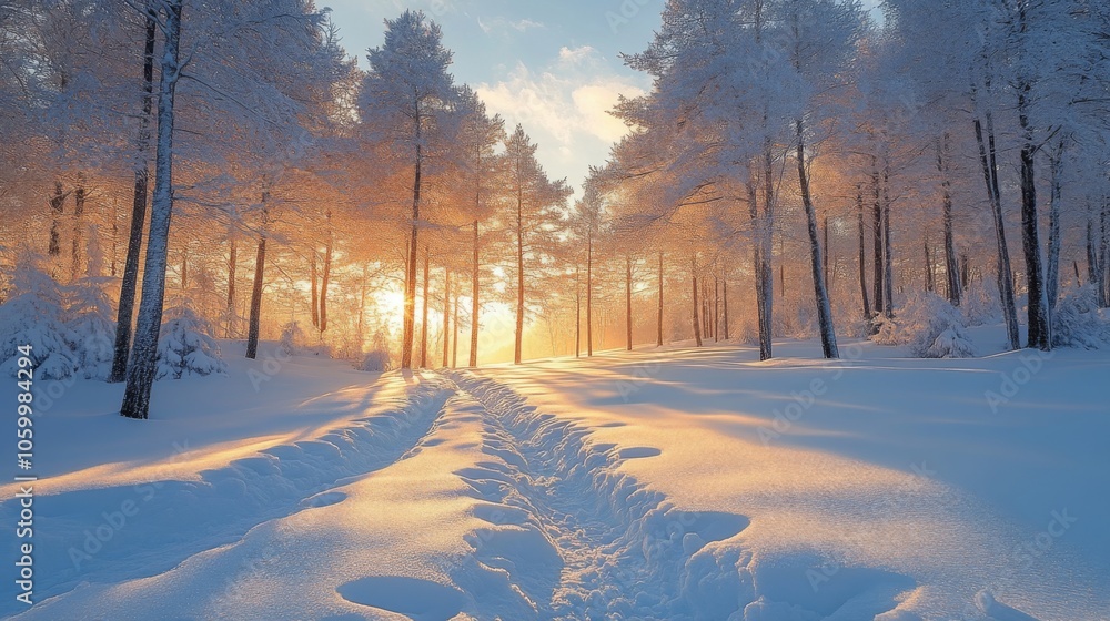Leinwandbilder a serene path in a snow-laden forest glows with soft sunlight as it pierces through trees, creating 