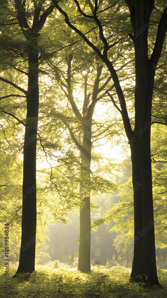 Poster sunlight streams through a grove of trees, illuminating the forest floor.
