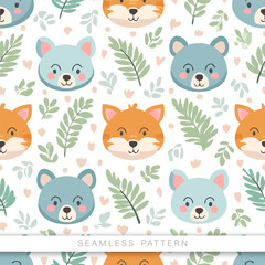 Cute cartoon style seamless pattern with animals.