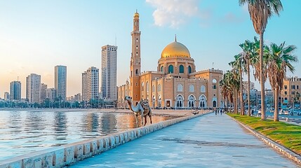 Camel by the Mosque and Seaside in a City