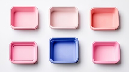 Colorful plastic containers in various pastel shades arranged on a white background. Ideal for organizing food and snacks in stylish ways.