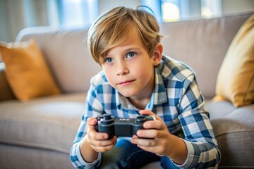 Fototapeta premium A young boy is playing a video game on a couch