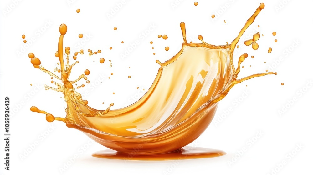 Poster a splash of orange liquid creating dynamic shapes and droplets against a white background.