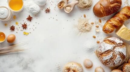 Obraz premium Top view of bakery ingredients with copy space.