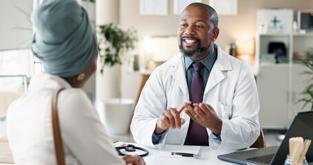 Healthcare, smile or steps with doctor and patient in office at hospital for appointment,...