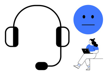 Headset symbol for customer service, neutral face emotion indicating mood, and woman with laptop. Ideal for customer support, tech assistance, remote work, communication, online help desks, virtual