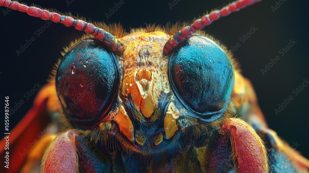 Poster close-up view of a colorful insect, showcasing intricate details and textures.
