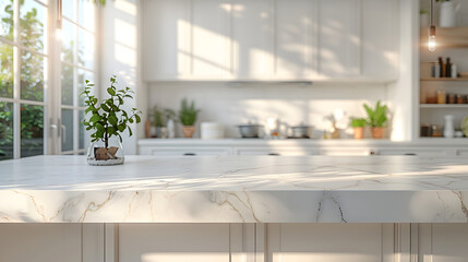 bright kitchen with a large marble bench as the focus in the foreground and the background slightly blurred, light color palette, modern looking