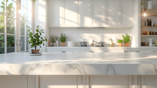 bright kitchen with a large marble bench as the focus in the foreground and the background slightly blurred, light color palette, modern looking