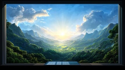 Financial freedom visualized as a goal-setting chart on a desktop screen, with a lush, sunlit valley ahead, symbolizing the achievements that come with careful planning