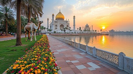Sunrise Over the Taj Mahal with Camel and Palm Trees