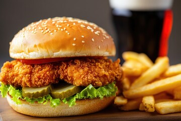 Delicious Chicken Burger with Fries and Soda