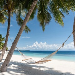 Relaxing Hammock Between Palm Trees on Tropical Beach