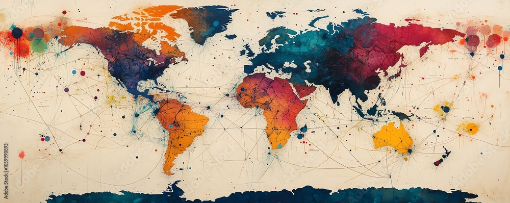 Poster a captivating world map with intricate connecting lines and diverse colored dots, representing the e