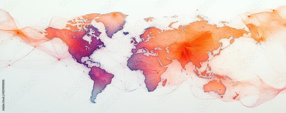 Poster a captivating world map with intricate connecting lines and diverse colored dots, representing the e
