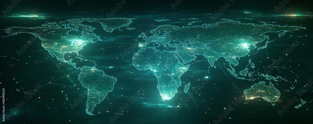 Poster a futuristic world map adorned with connecting lines and luminous dots, highlighting the essence of 