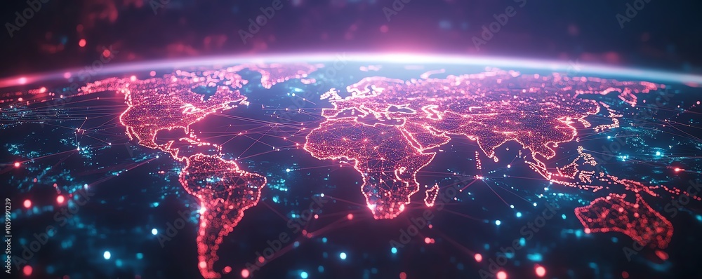 Poster a futuristic world map adorned with connecting lines and luminous dots, highlighting the essence of 
