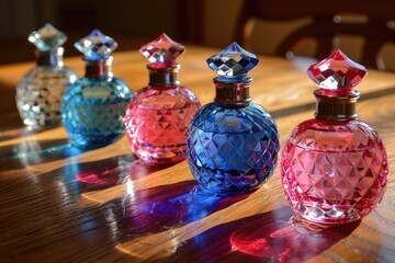 Colorful glass bottles on wooden table